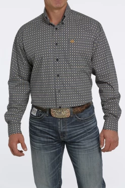 Men's Cinch Navy Geo Pattern Button Down Shirt #MTW1105449